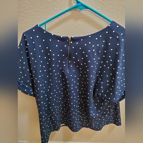 Navy Blue White Pokadot Dressy Zip Up Shirt - Picture 9 of 16